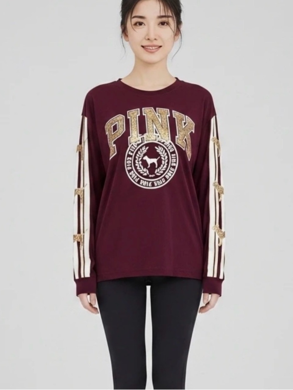 Victoria Secret PINK Maroon White Gold Sequin Letters LONGSLEEVE Top Rare Large - Picture 2 of 7